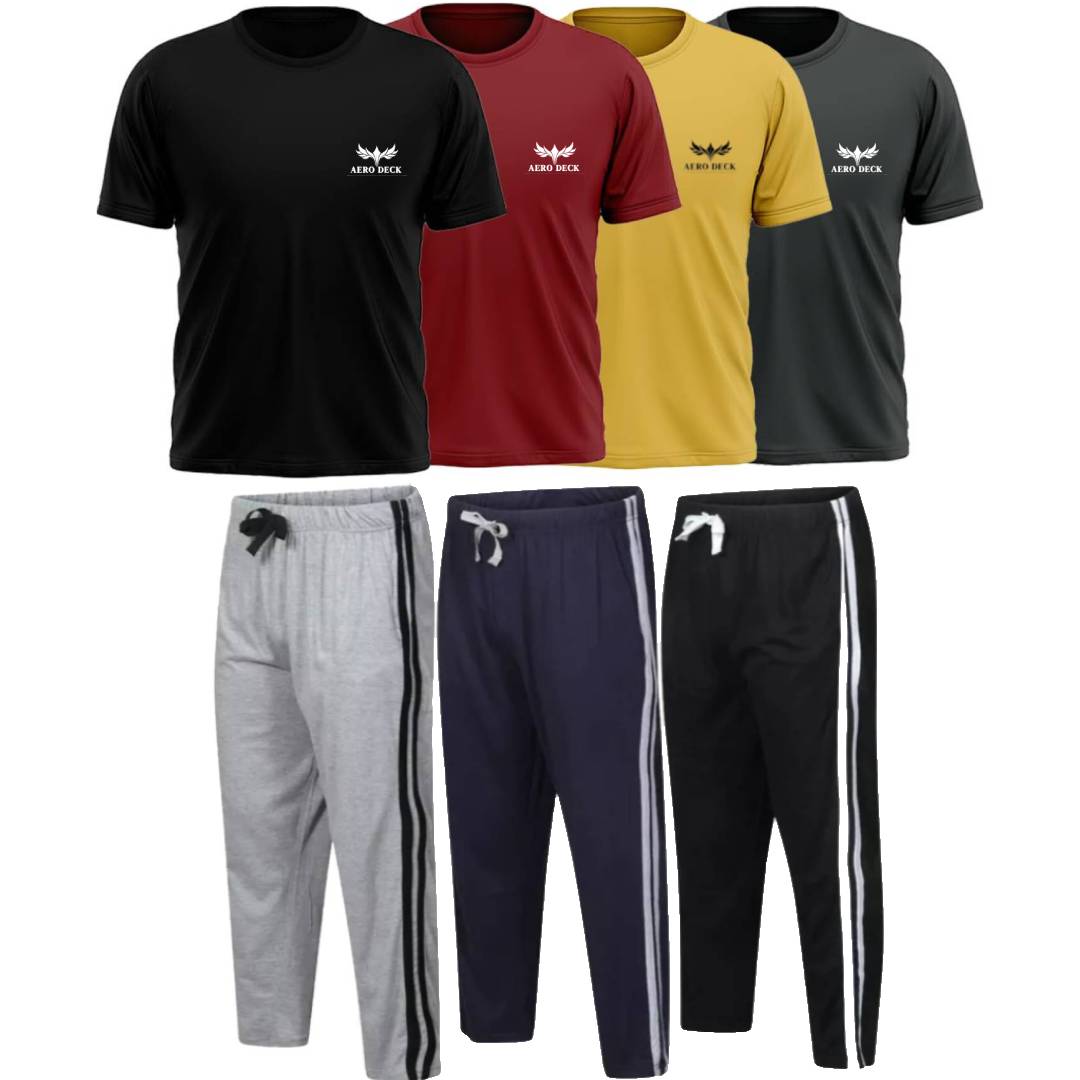 Pack of 3 Side Stripe Trousers & 4 Plain T-Shirts (AD-11) AERODECK APPARELS