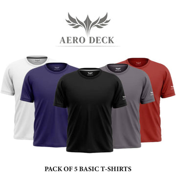 Pack of 5 Aero Deck Cotton Jersey Black, Grey, Red, Blue & White Color T-Shirt AERODECK APPARELS