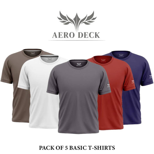Pack of 5 Aero Deck Cotton Jersey Brown, Grey, Red, Blue & White Color T-Shirt AERODECK APPARELS