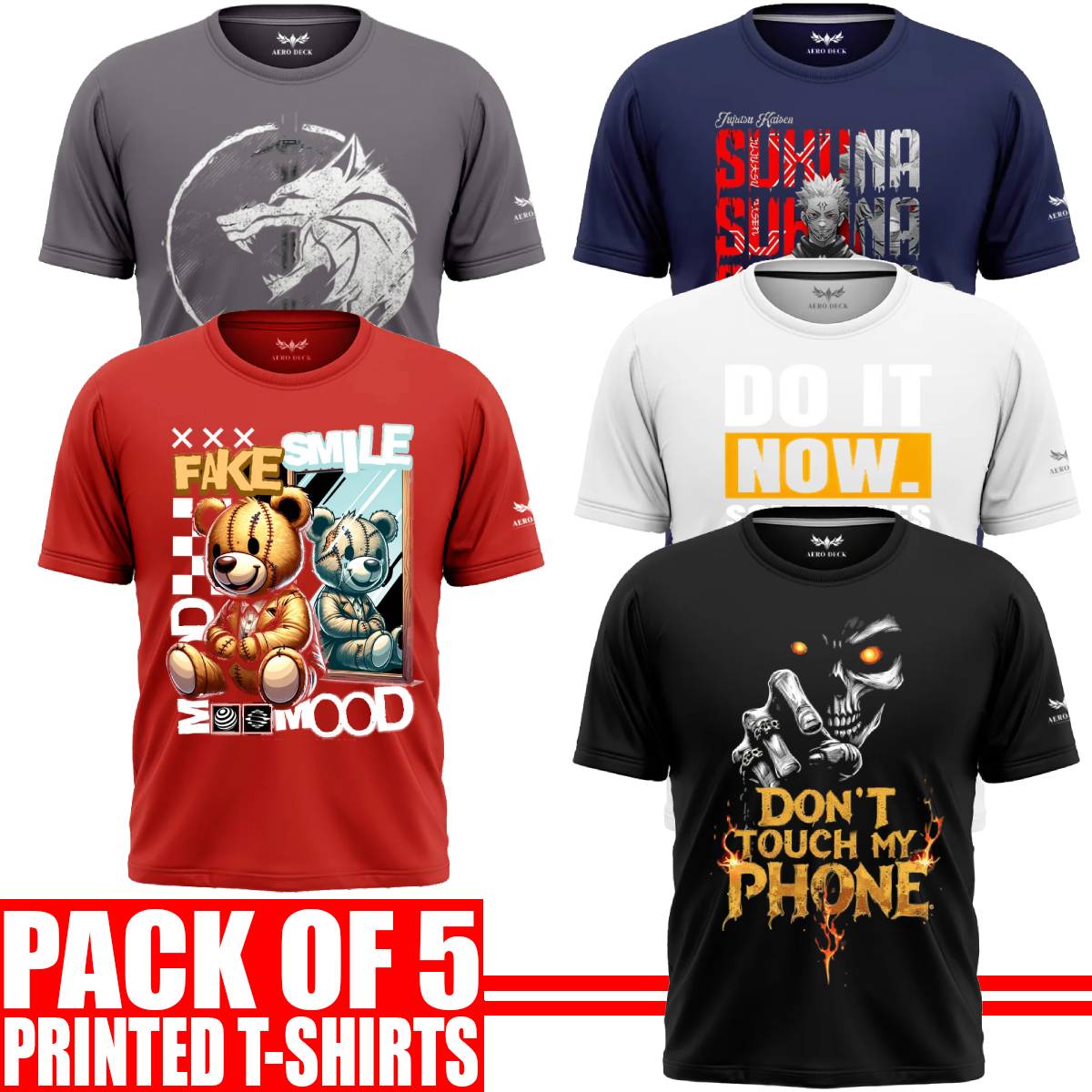 Pack of 5 Aero Deck {Cotton Jersey} {Black, Grey, Red, Blue & White Color} {Graphic} T-Shirt - {Code: AD - 118} AERODECK APPARELS