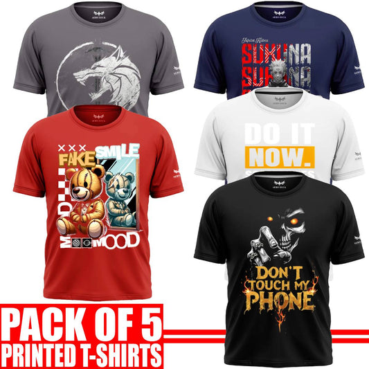 Pack of 5 Aero Deck {Cotton Jersey} {Black, Grey, Red, Blue & White Color} {Graphic} T-Shirt - {Code: AD - 118} AERODECK APPARELS
