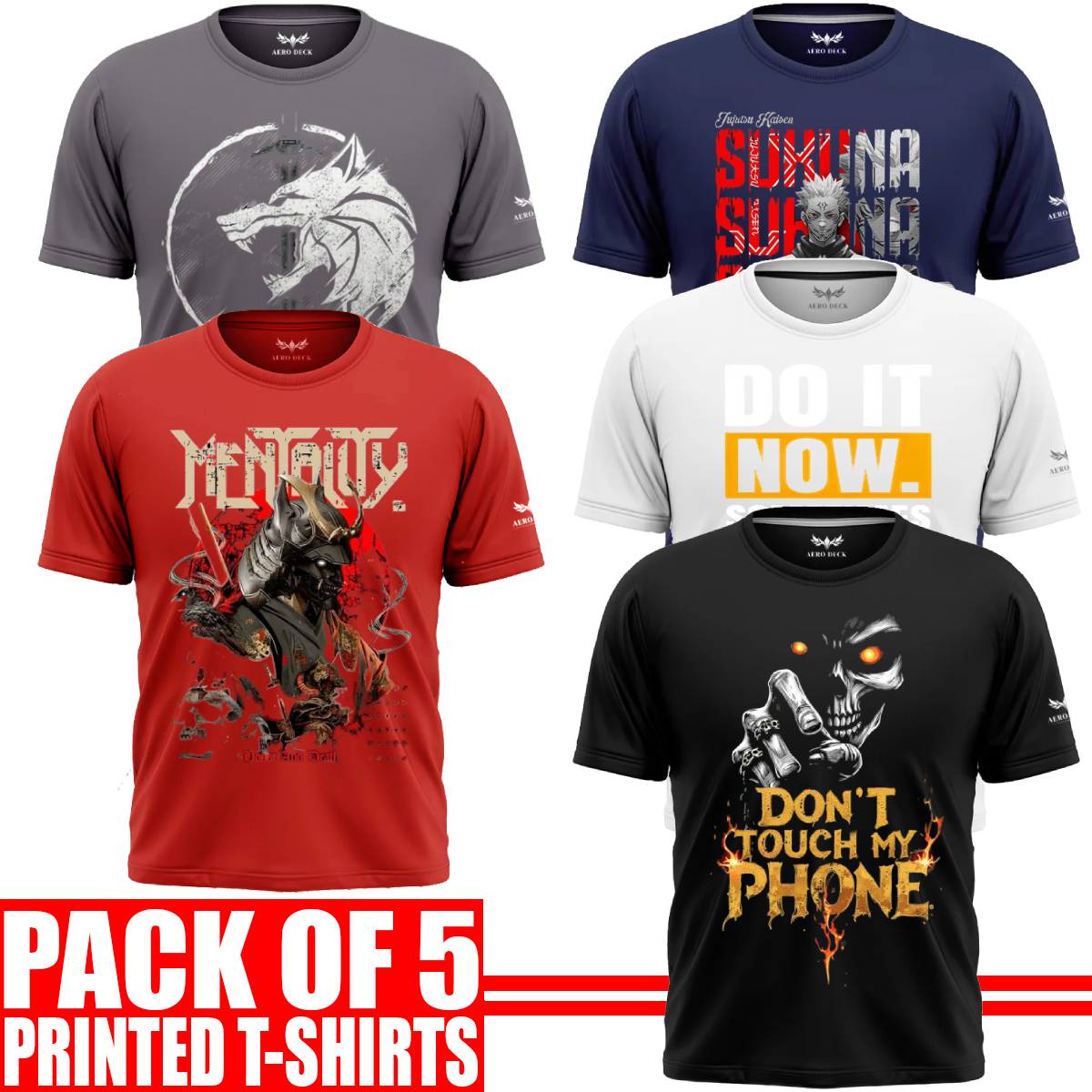 Pack of 5 Aero Deck {Cotton Jersey} {Black, Grey, Red, Blue & White Color} {Graphic} T-Shirt - {Code: AD - 125} AERODECK APPARELS