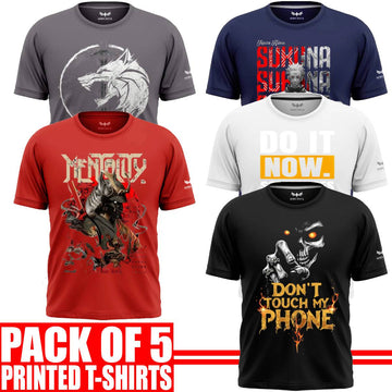 Pack of 5 Aero Deck {Cotton Jersey} {Black, Grey, Red, Blue & White Color} {Graphic} T-Shirt - {Code: AD - 125} AERODECK APPARELS