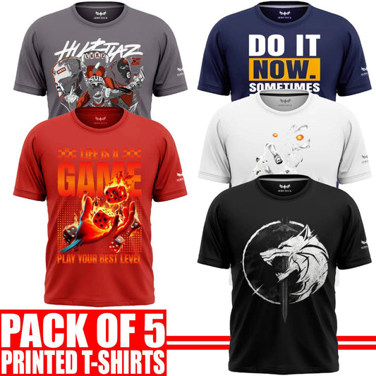 Pack of 5 Aero Deck {Cotton Jersey} {Black, Grey, Red, Blue & White Color} {Graphic} T-Shirt - {Code: AD - 129} AERODECK APPARELS