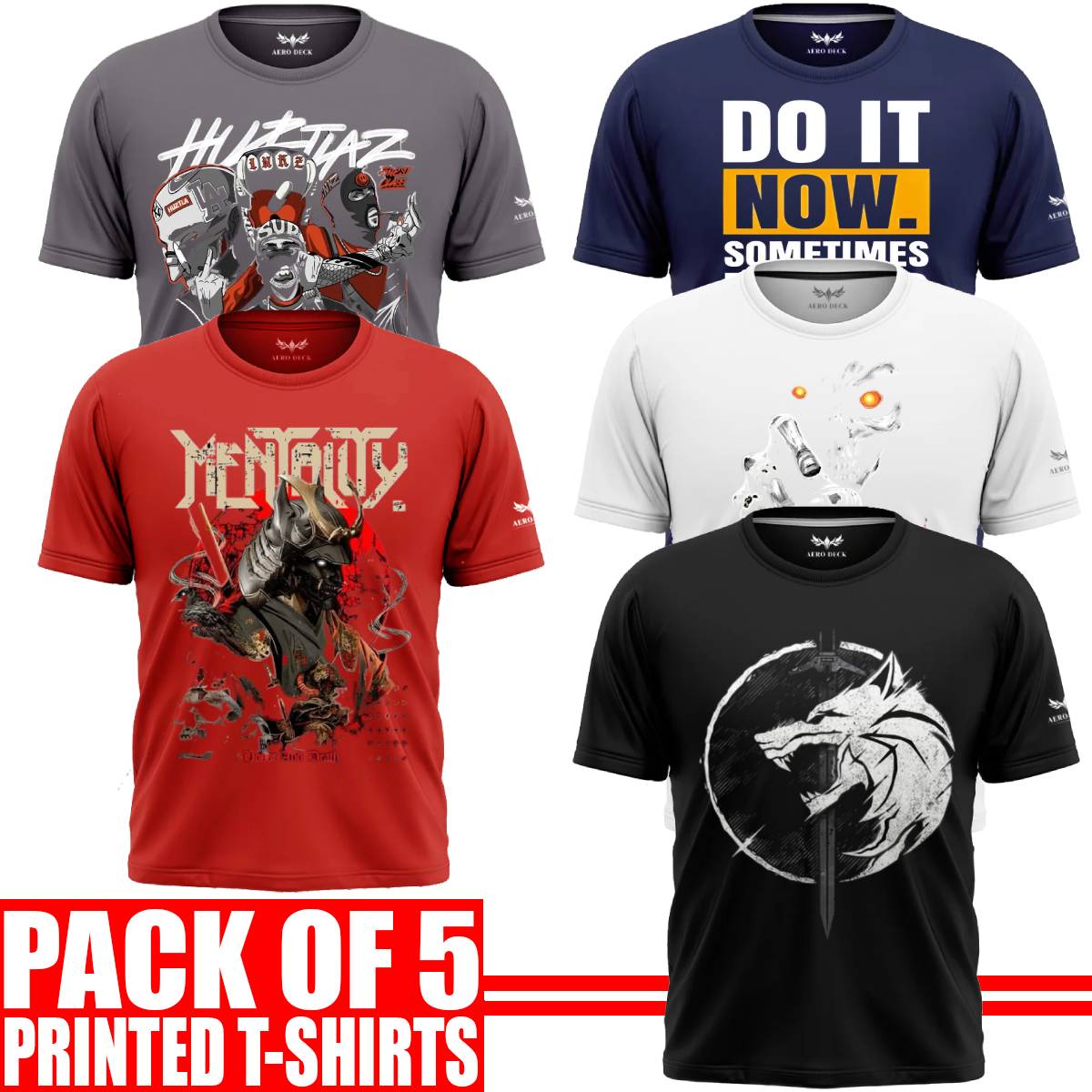 Pack of 5 Aero Deck {Cotton Jersey} {Black, Grey, Red, Blue & White Color} {Graphic} T-Shirt - {Code: AD - 132} AERODECK APPARELS