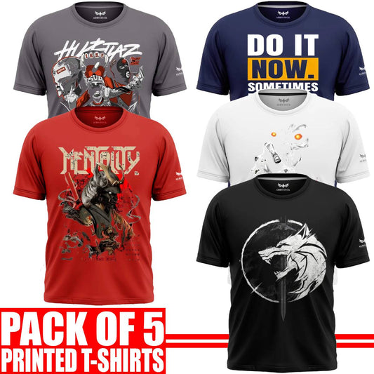 Pack of 5 Aero Deck {Cotton Jersey} {Black, Grey, Red, Blue & White Color} {Graphic} T-Shirt - {Code: AD - 132} AERODECK APPARELS