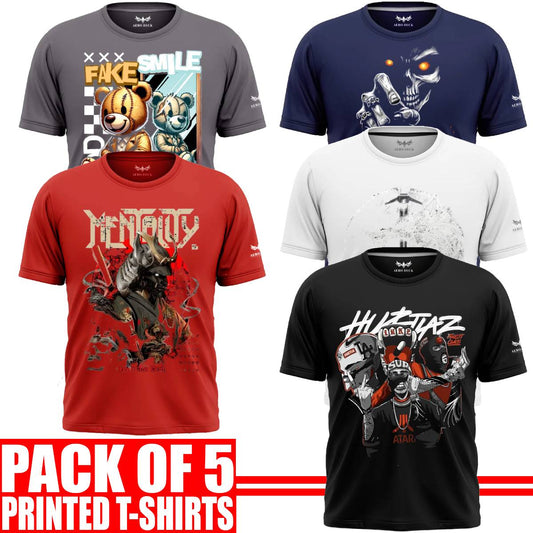 Pack of 5 Aero Deck {Cotton Jersey} {Black, Grey, Red, Blue & White Color} {Graphic} T-Shirt - {Code: AD - 138} AERODECK APPARELS