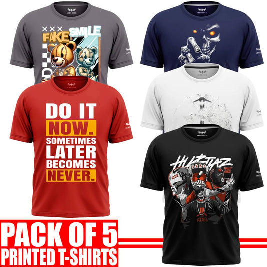 Pack of 5 Aero Deck {Cotton Jersey} {Black, Grey, Red, Blue & White Color} {Graphic} T-Shirt - {Code: AD - 140} AERODECK APPARELS