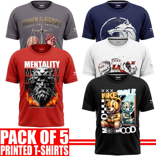 Pack of 5 Aero Deck {Cotton Jersey} {Black, Grey, Red, Blue & White Color} {Graphic} T-Shirt - {Code: AD - 144} AERODECK APPARELS