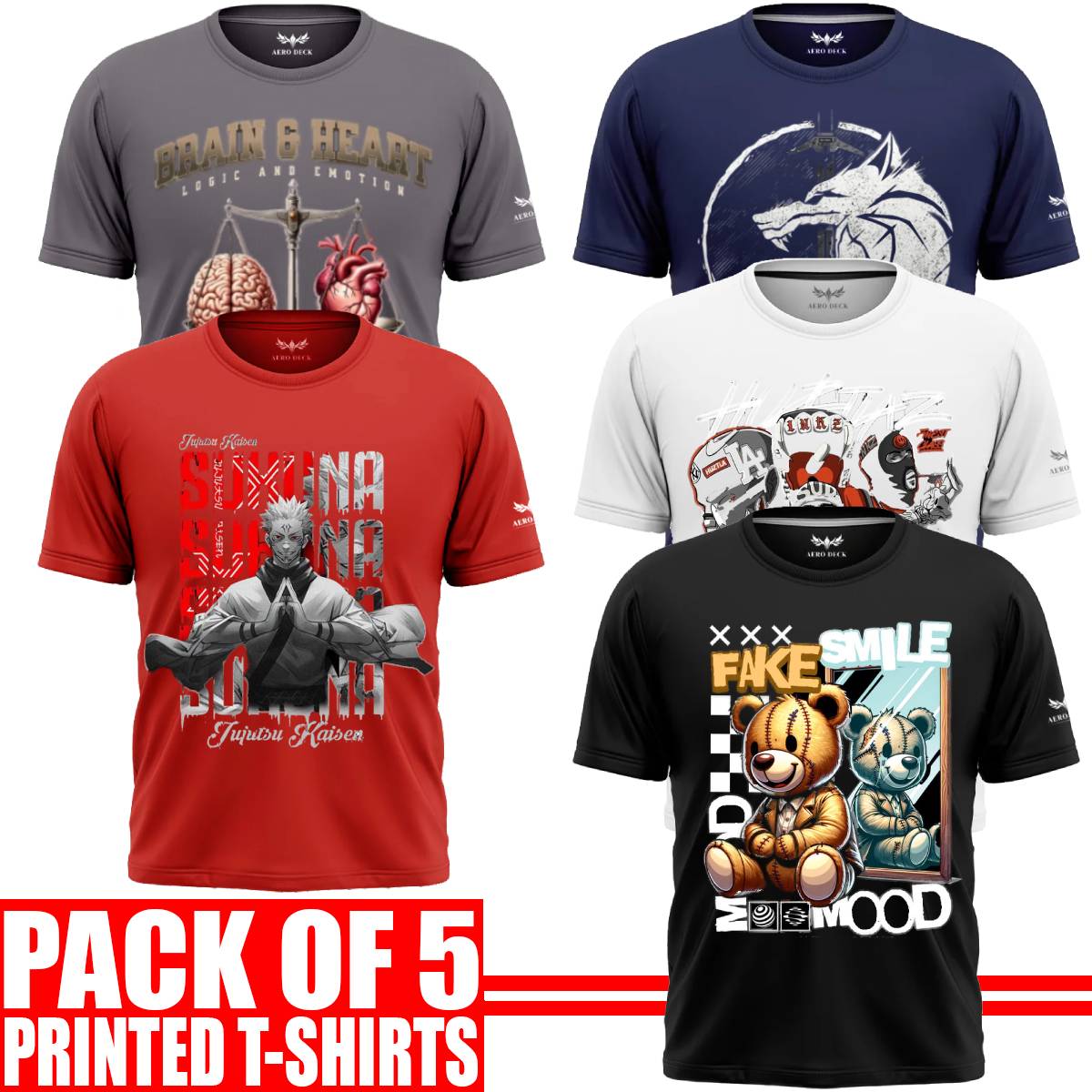 Pack of 5 Aero Deck {Cotton Jersey} {Black, Grey, Red, Blue & White Color} {Graphic} T-Shirt - {Code: AD - 146} AERODECK APPARELS