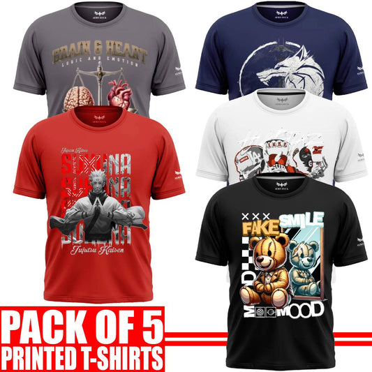 Pack of 5 Aero Deck {Cotton Jersey} {Black, Grey, Red, Blue & White Color} {Graphic} T-Shirt - {Code: AD - 146} AERODECK APPARELS