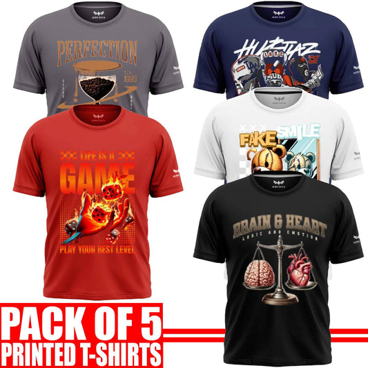 Pack of 5 Aero Deck {Cotton Jersey} {Black, Grey, Red, Blue & White Color} {Graphic} T-Shirt - {Code: AD - 150} AERODECK APPARELS