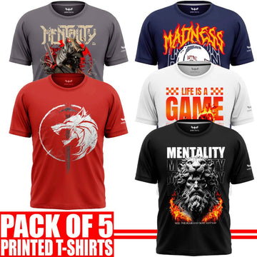 Pack of 5 Aero Deck {Cotton Jersey} {Black, Grey, Red, Blue & White Color} {Graphic} T-Shirt - {Code: AD - 184} AERODECK APPARELS