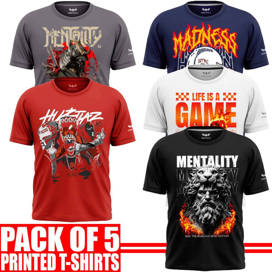 Pack of 5 Aero Deck {Cotton Jersey} {Black, Grey, Red, Blue & White Color} {Graphic} T-Shirt - {Code: AD - 186} AERODECK APPARELS