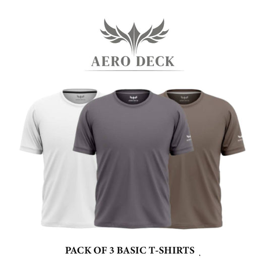 Pack of 3 Aero Deck Cotton Jersey Brown, Black & Grey Color T-Shirt AERODECK APPARELS