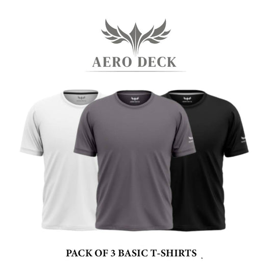 Pack of 3 Aero Deck Cotton Jersey Black, White & Grey Color T-Shirt AERODECK APPARELS