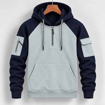 Men's Ice Blue & Navy Blue Color block Utility Zip-Up Hoodie