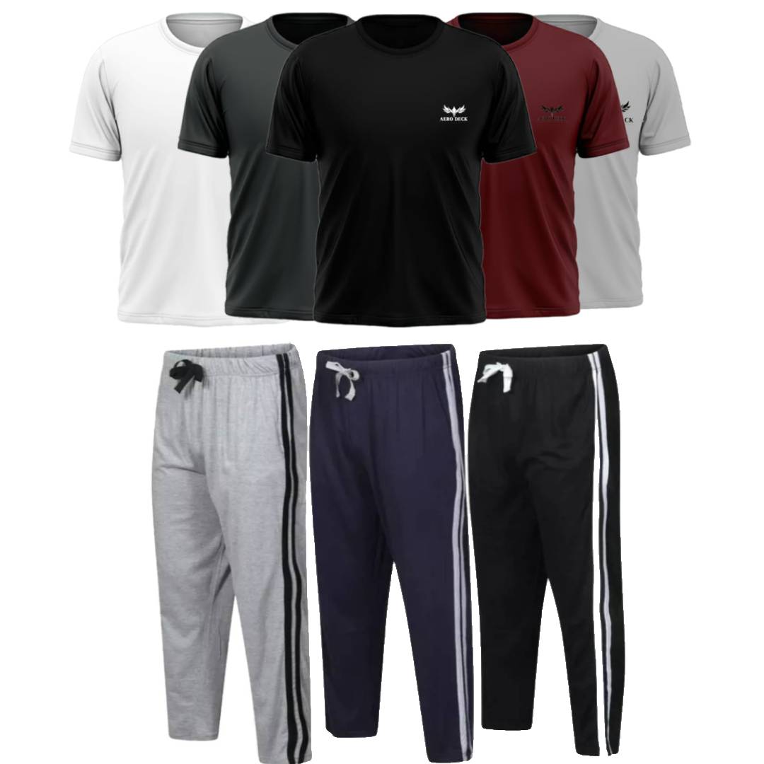 Pack of 3 Side Stripe Trousers & 5 Plain T-Shirts (AD-21) AERODECK APPARELS
