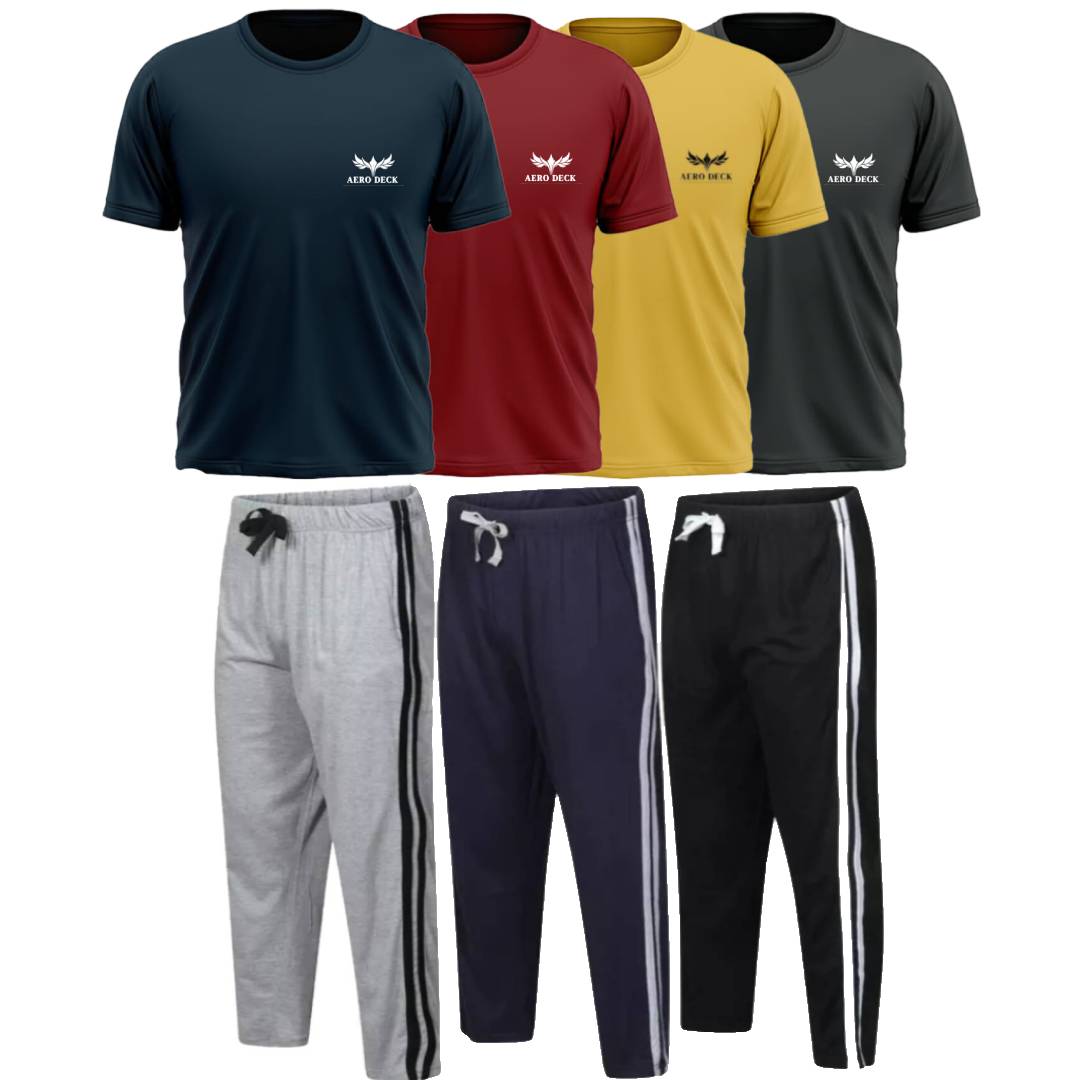 Pack of 4 Side Stripe Trousers & 4 Plain T-Shirts (AD-13) AERODECK APPARELS