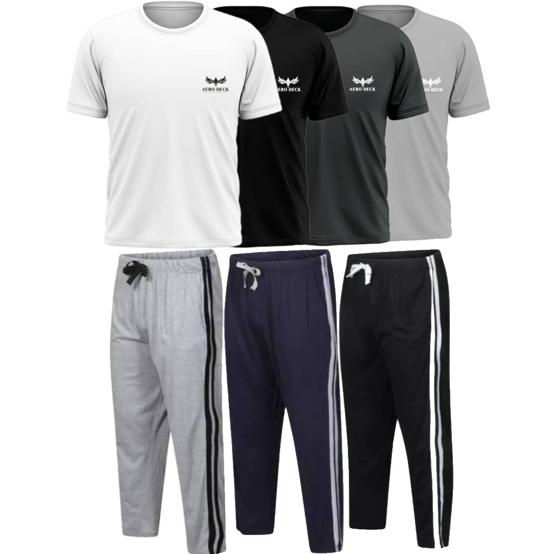 Pack of 3 Side Stripe Trousers & 4 Plain T-Shirts (AD-10) AERODECK APPARELS