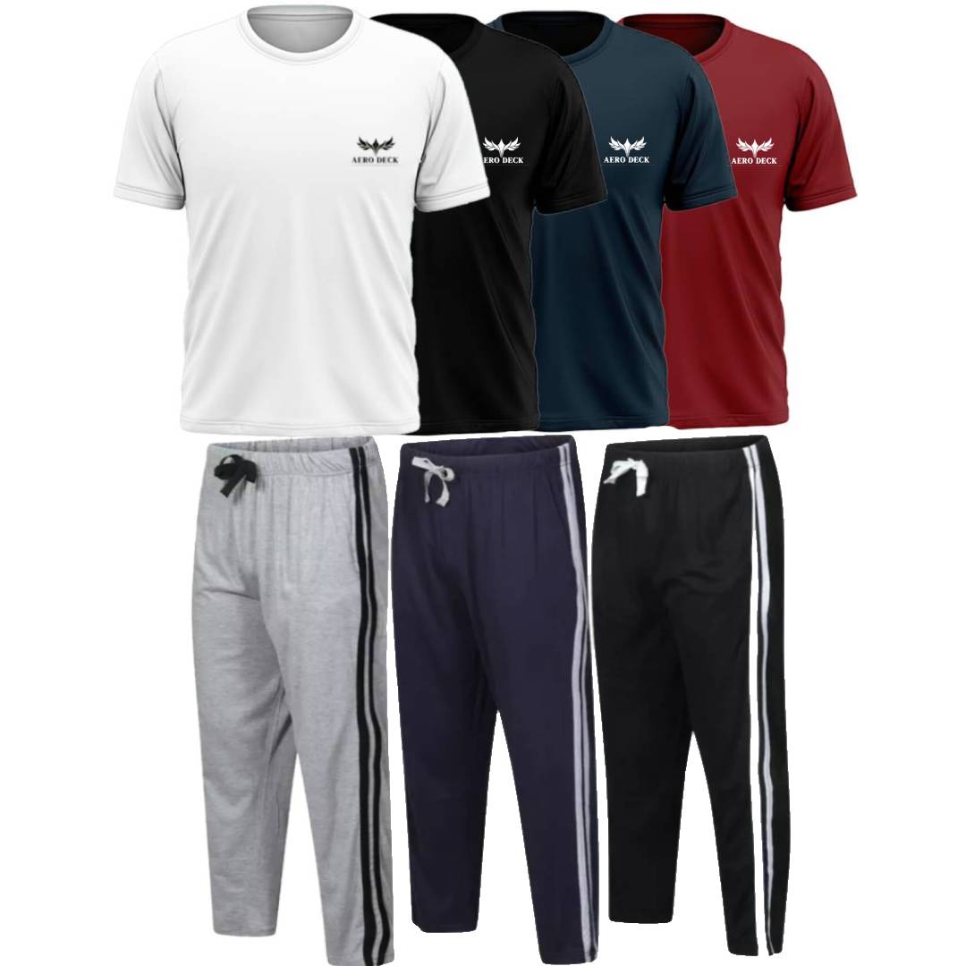 Pack of 3 Side Stripe Trousers & 4 Plain T-Shirts (AD-09) AERODECK APPARELS