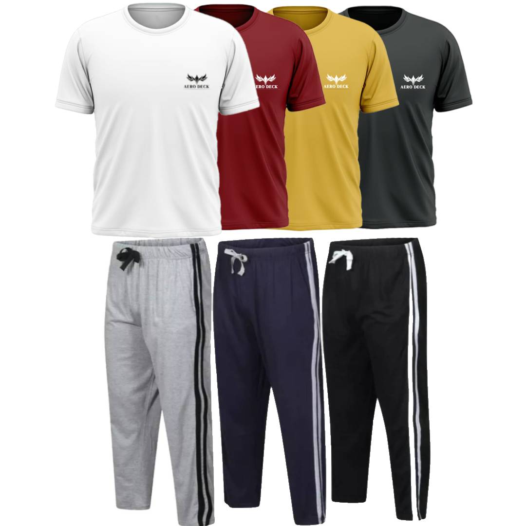 Pack of 3 Side Stripe Trousers & 4 Plain T-Shirts (AD-08) AERODECK APPARELS