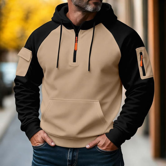 Men’s Fleece Color Block Hoodie – Beige & Black AERODECK APPARELS