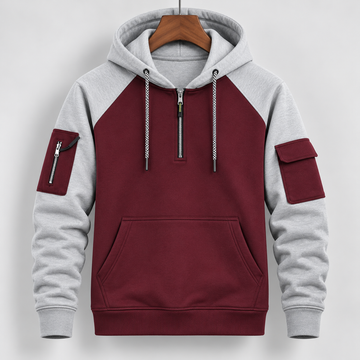 Men's Burgundy & Light Grey Color block Utility Zip-Up Hoodie