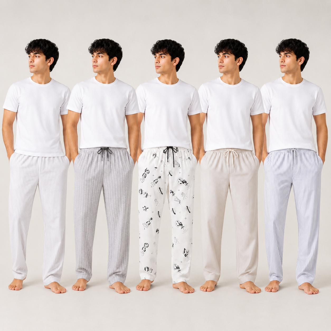 Men's Casual Printed & Striped Pajama Trousers 5-Pack Set AERODECK APPARELS