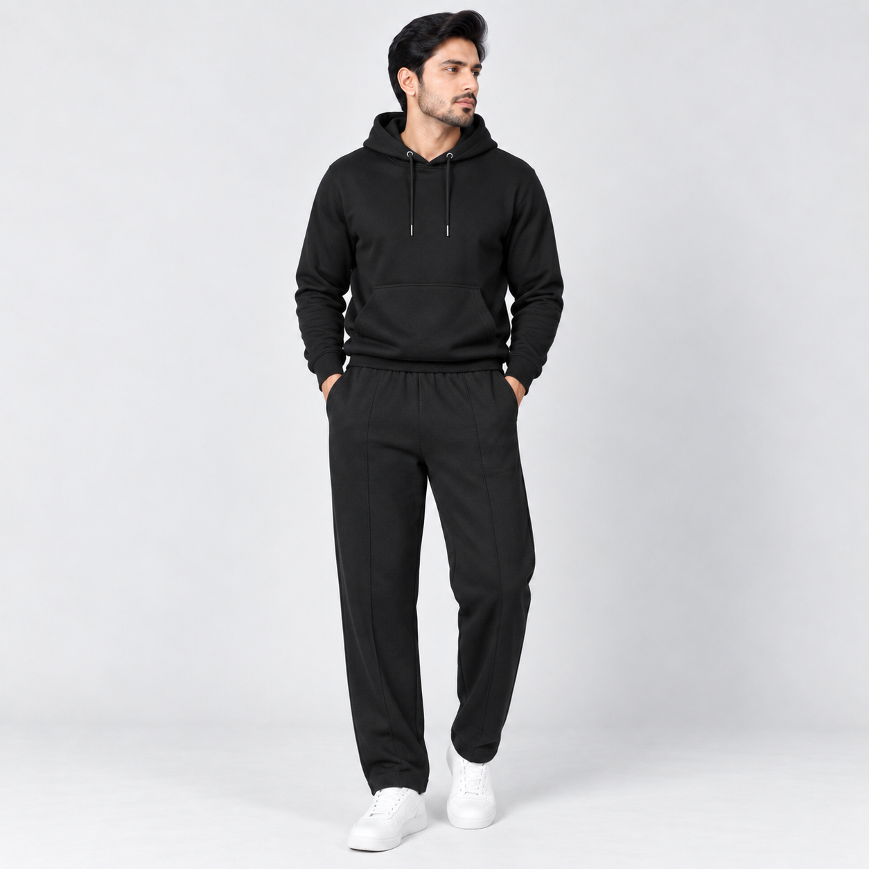 Black Fleece Pullover Hoodie with Kangaroo Pocket & Black Straight Fit Terry Trouser with Drawstring AERODECK APPARELS