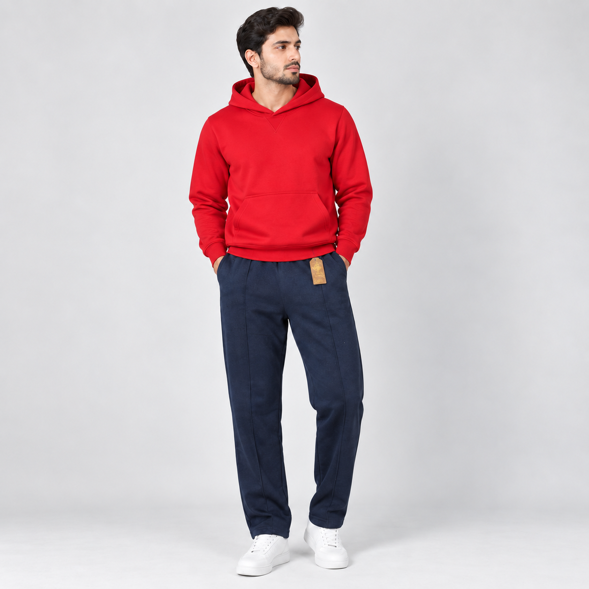 Red Fleece Pullover Hoodie & Navy Blue Straight Fit Terry Trouser with Drawstring AERODECK APPARELS