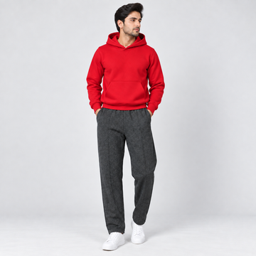 Red Fleece Pullover Hoodie & Charcoal Grey Textured Straight Fit Terry Trouser with Drawstring AERODECK APPARELS