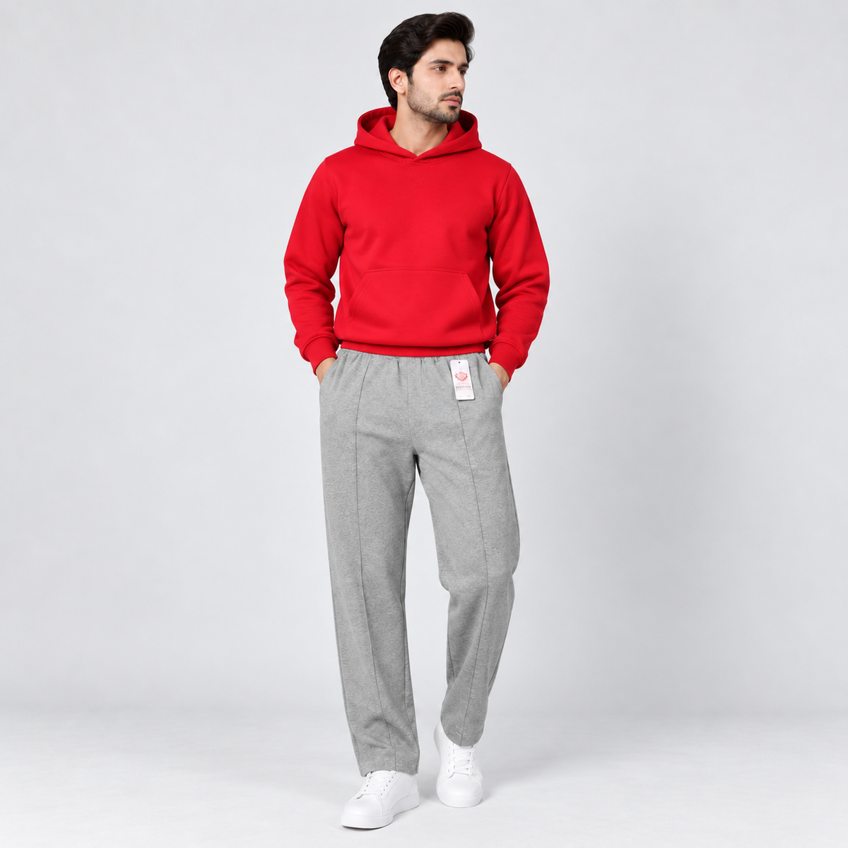 Red Fleece Pullover Hoodie & Light Grey Straight Fit Terry Trouser with Drawstring AERODECK APPARELS