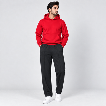 Red Fleece Pullover Hoodie & Black Straight Fit Terry Trouser with Drawstring AERODECK APPARELS