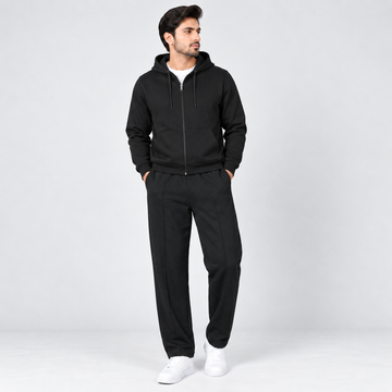 Black Fleece Zip-Up Hoodie & Navy Blue Straight Fit Terry Trouser with Drawstring AERODECK APPARELS