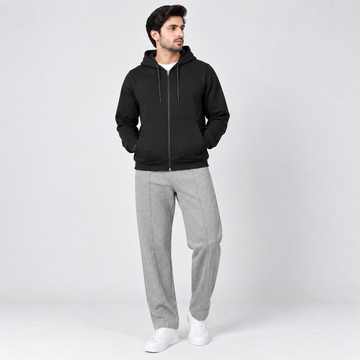 Black Fleece Zip-Up Hoodie & Light Grey Straight Fit Terry Trouser with Drawstring AERODECK APPARELS