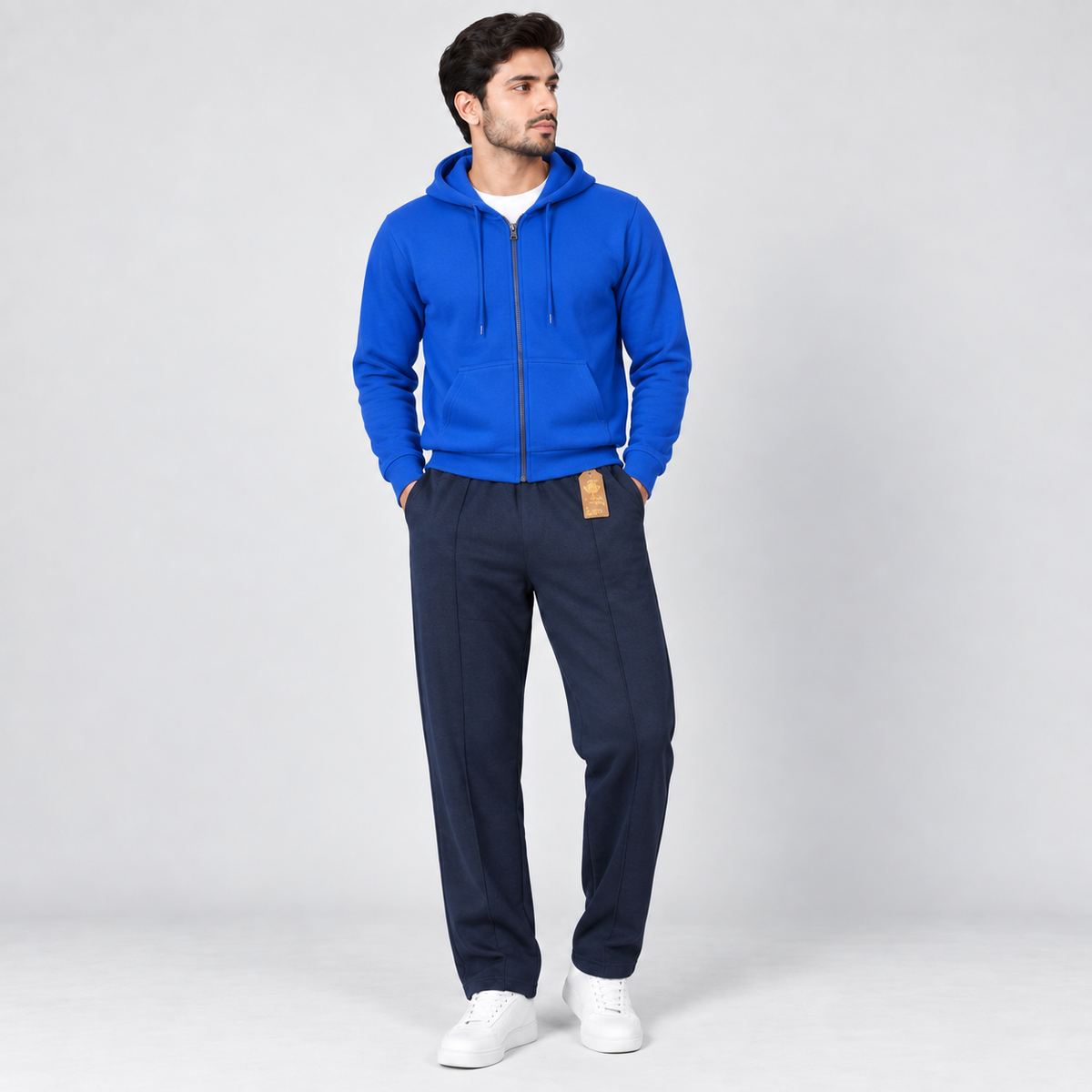 Royal Blue Fleece Zip-Up Hoodie & Navy Blue Straight Fit Terry Trouser with Drawstring AERODECK APPARELS