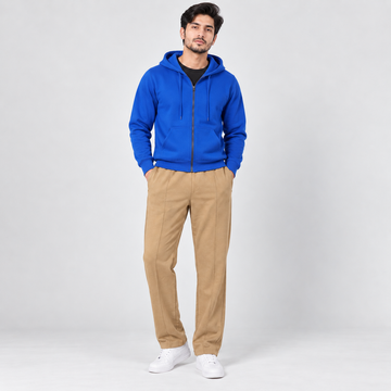 Royal Blue Fleece Zip-Up Hoodie & Beige Straight Fit Terry Trouser with Drawstring AERODECK APPARELS