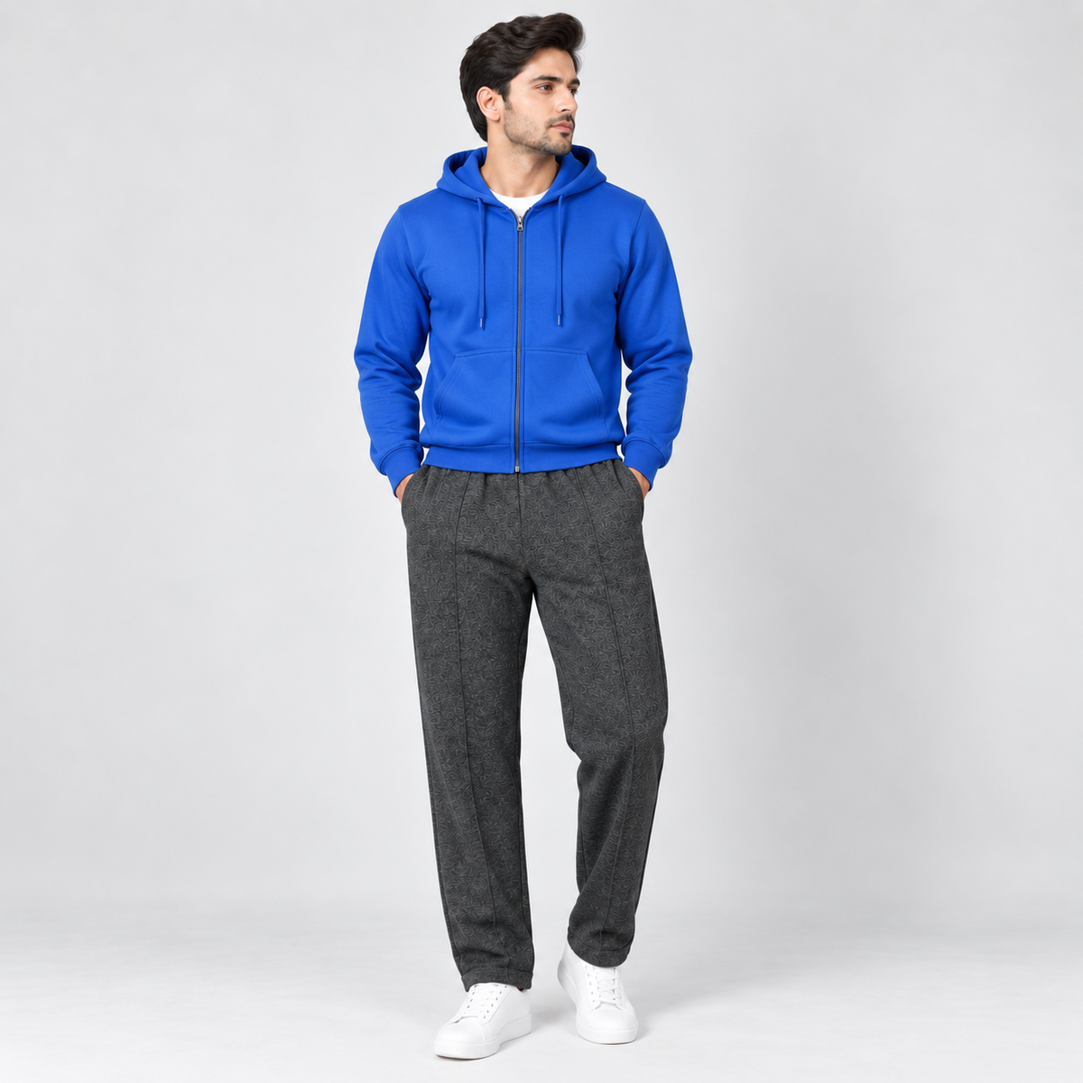 Royal Blue Fleece Zip-Up Hoodie & Charcoal Grey Straight Fit Terry Trouser with Drawstring AERODECK APPARELS