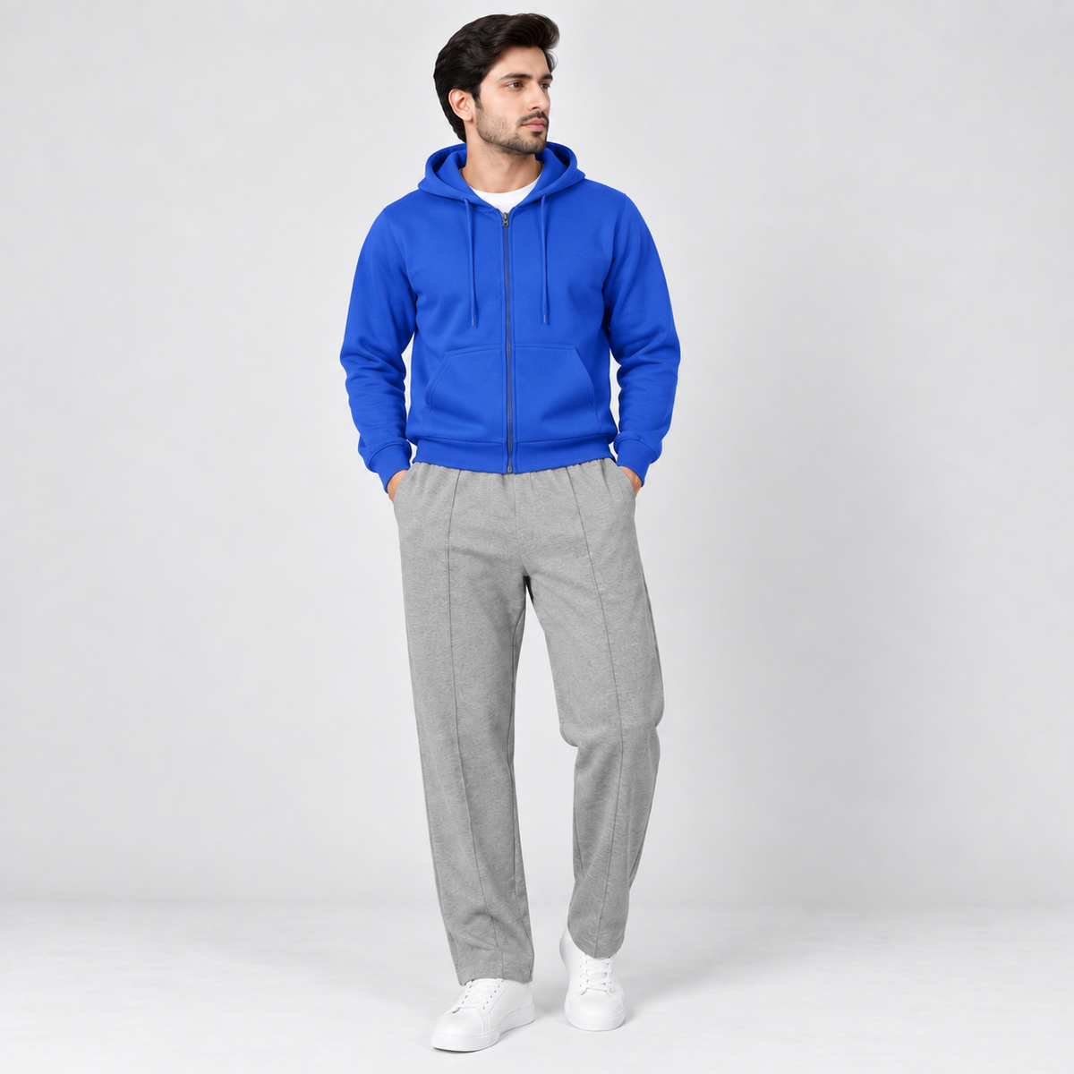 Royal Blue Fleece Zip-Up Hoodie & Light Grey Straight Fit Terry Trouser with Drawstring AERODECK APPARELS