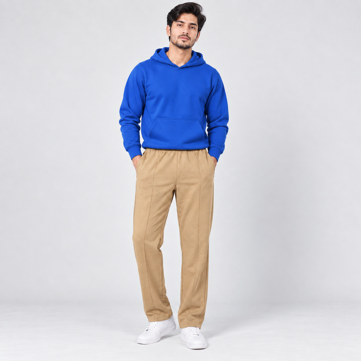 Royal Blue Fleece Pullover Hoodie & Beige Straight Fit Terry Trouser AERODECK APPARELS