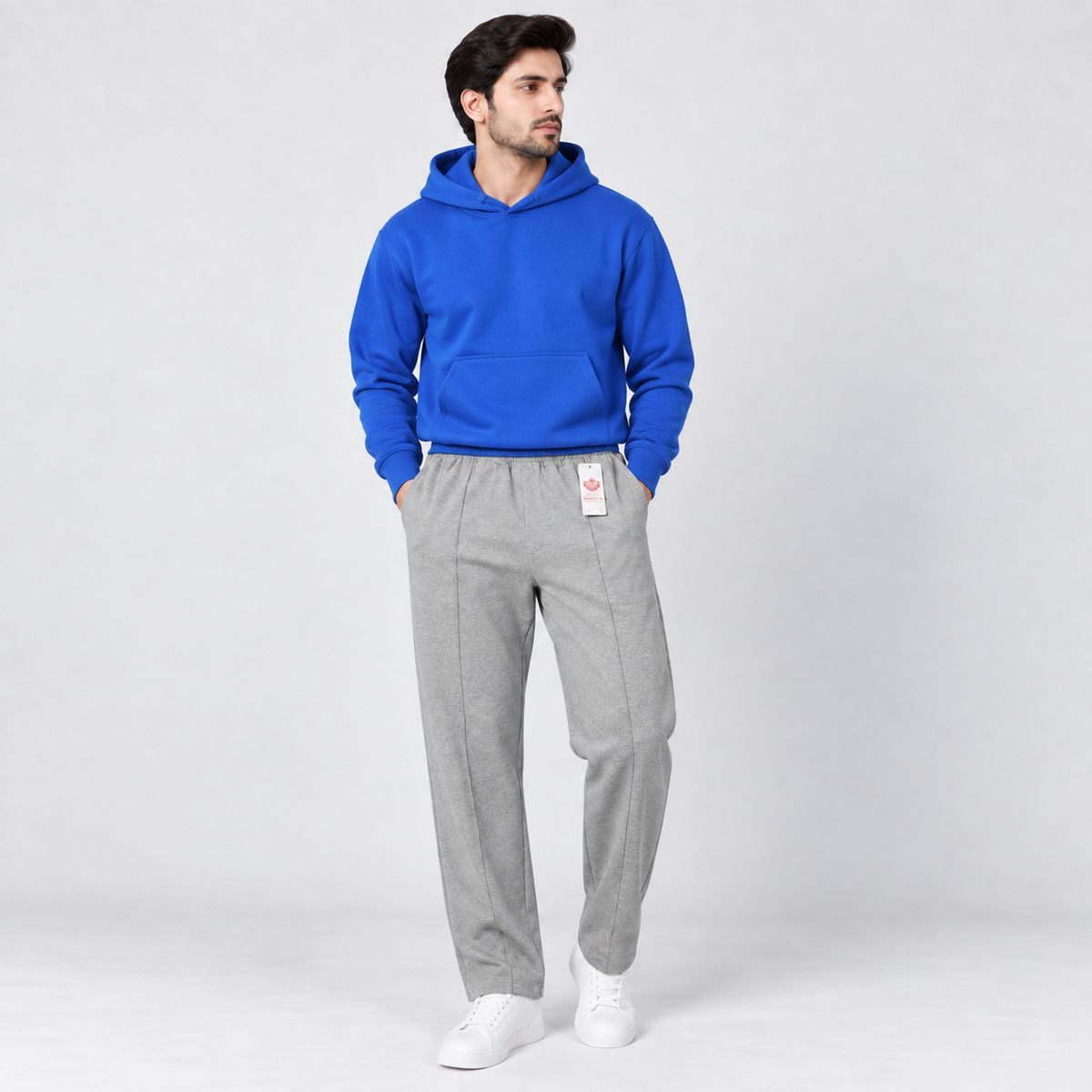 Royal Blue Fleece Pullover Hoodie & Light Grey Straight Fit Terry Trouser with Drawstring AERODECK APPARELS