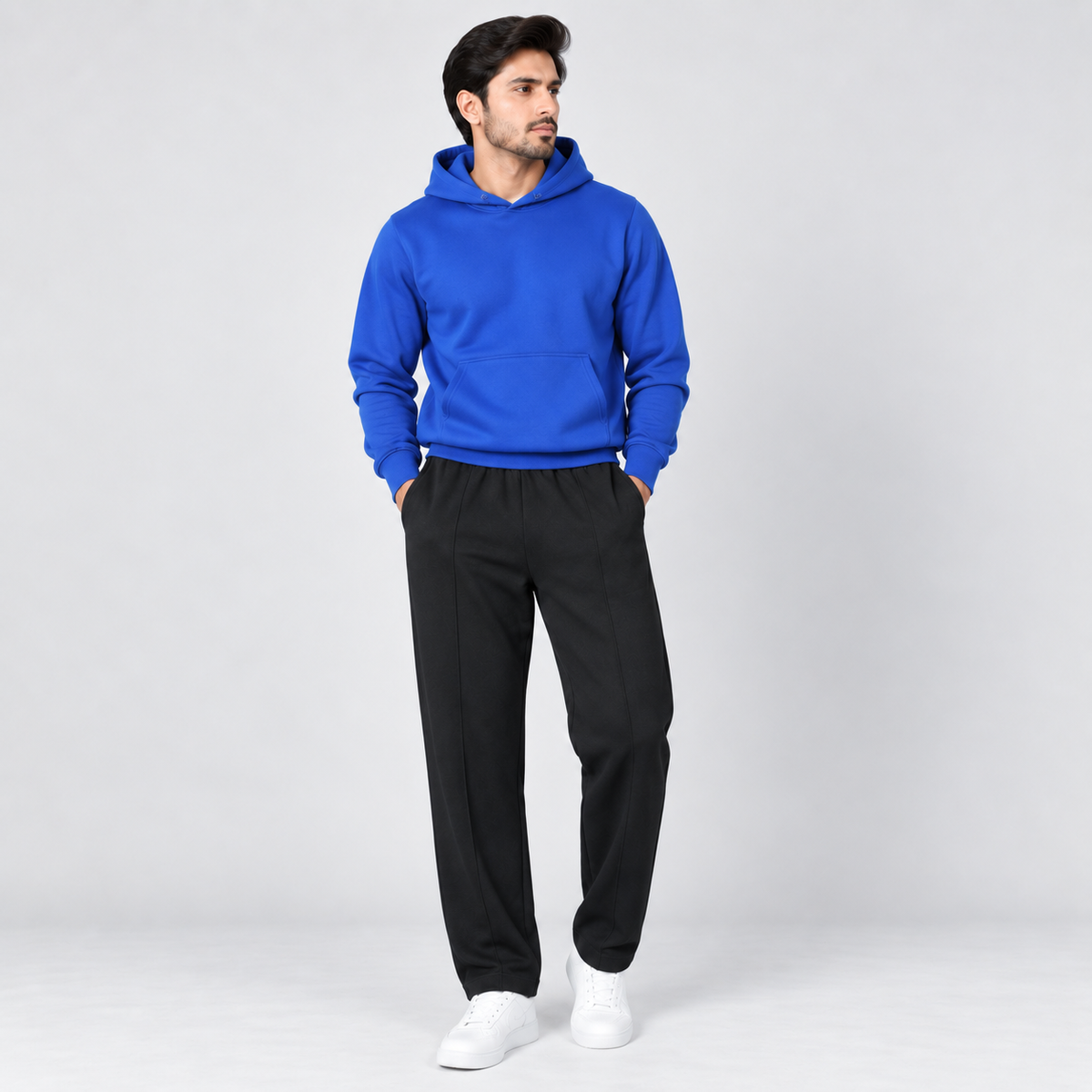Royal Blue Fleece Pullover Hoodie & Black Straight Fit Terry Trouser with Drawstring AERODECK APPARELS