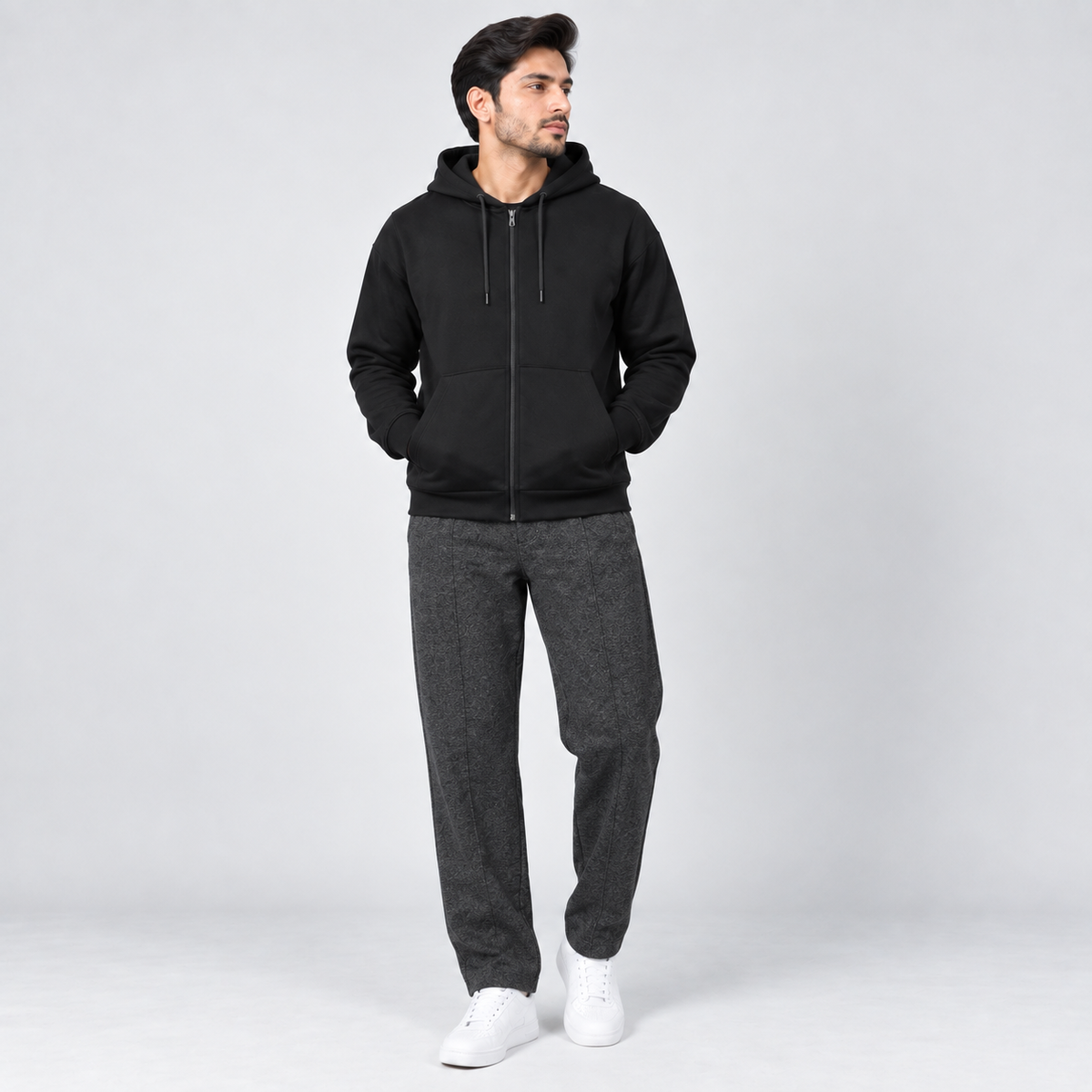 Black Fleece Zip-Up Hoodie & Charcoal Grey Straight Fit Terry Trouser with Drawstring AERODECK APPARELS