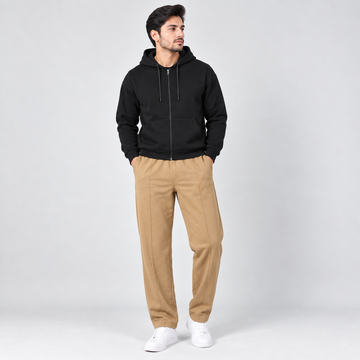 Black Fleece Zip-Up Hoodie & Khaki Straight Fit Terry Trouser with Drawstring AERODECK APPARELS