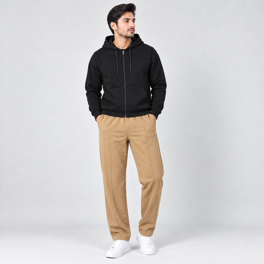 Black Fleece Zip-Up Hoodie & Khaki Straight Fit Terry Trouser with Drawstring AERODECK APPARELS