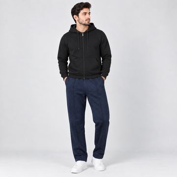 Black Fleece Zip-Up Hoodie & Black Straight Fit Terry Trouser with Drawstring AERODECK APPARELS