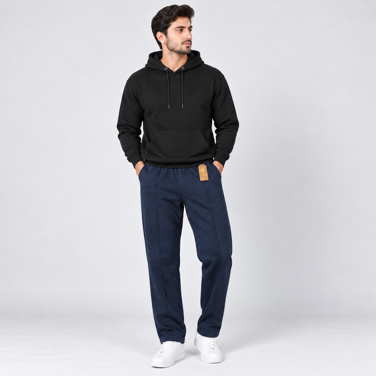Black Fleece Pullover Hoodie with Kangaroo Pocket & Navy Blue Straight Fit Terry Trouser with Drawstring AERODECK APPARELS