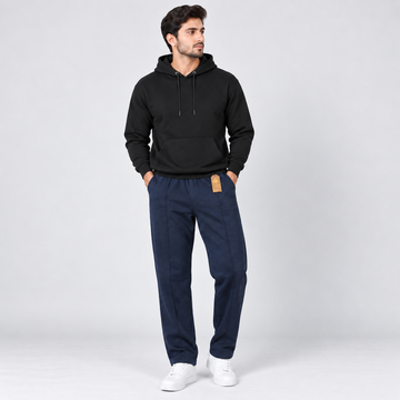 Black Fleece Pullover Hoodie with Kangaroo Pocket & Navy Blue Straight Fit Terry Trouser with Drawstring AERODECK APPARELS