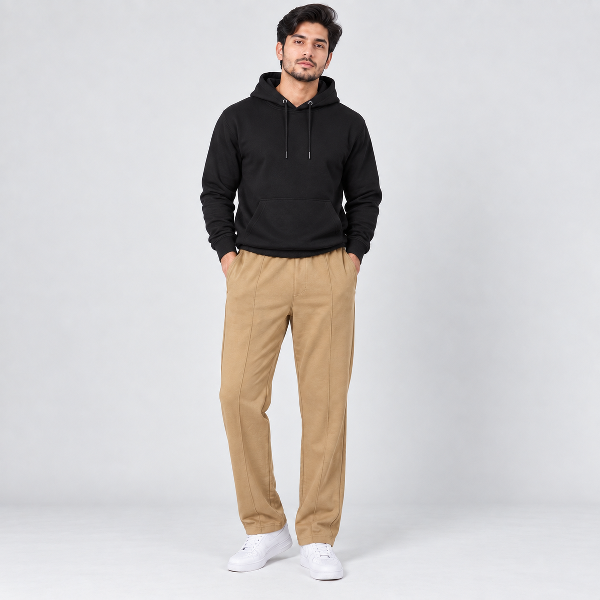 Black Fleece Pullover Hoodie with Kangaroo Pocket & Khaki Straight Fit Terry Trouser with Drawstring AERODECK APPARELS